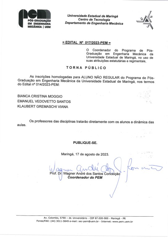 Homologa inscrição de não-regulares - Edital nº 017-2023-PEM